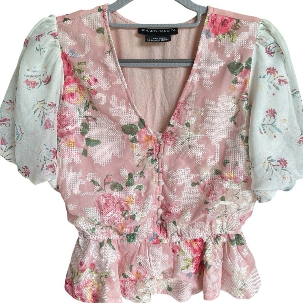 Anthropologie Hemant & Nandita Pink Embroidered Rose Garden Peplum Blouse XS - Picture 3 of 12
